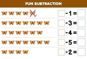 utbildning spel för barn roligt subtraktion förbi räkning söt tecknad serie fjäril i varje rad och eliminera den tryckbar insekt kalkylblad vektor