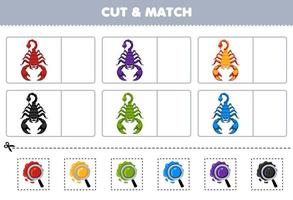Bildungsspiel für Kinder Schneiden und passen Sie die gleiche Farbe des druckbaren Käfer-Arbeitsblatts des niedlichen Cartoon-Skorpions an vektor