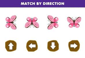 utbildning spel för barn match förbi riktning vänster rätt upp eller ner orientering av söt tecknad serie fjäril tryckbar insekt kalkylblad vektor