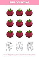 utbildning spel för barn räkna de bilder och Färg de korrekt siffra från söt tecknad serie mangostan tryckbar frukt kalkylblad vektor