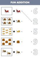 Lernspiel für Kinder Spaß Hinzufügen von niedlichen Cartoon-Ameisenschnecke Heuschrecke Holzscheit Wählen Sie dann die richtige Nummer, indem Sie das Arbeitsblatt für die Fehlerlinie verfolgen vektor