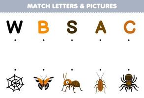 Bildungsspiel für Kinder Ordnen Sie Buchstaben und Bildern des niedlichen Cartoon-Web-Schmetterlings Ameise Schabenspinne Druckbares Fehler-Arbeitsblatt zu vektor