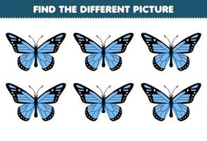 Lernspiel für Kinder finden Sie das unterschiedliche Bild des druckbaren Käfer-Arbeitsblatts des niedlichen Cartoon-Schmetterlings vektor