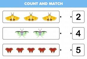 Lernspiel für Kinder Zählen Sie die Anzahl der niedlichen Cartoon-Motten und passen Sie sie mit den richtigen Zahlen zum druckbaren Fehler-Arbeitsblatt an vektor