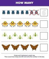 Lernspiel für Kinder Zählen Sie, wie viele niedliche Cartoon-Käfer Spinne Libelle Schmetterling und schreiben Sie die Zahl in das Kästchen druckbares Fehler-Arbeitsblatt vektor