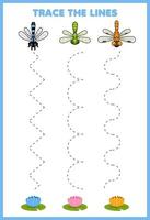Erziehungsspiel für Kinder Handschriftübung Verfolgen Sie die Linien mit dem druckbaren Käfer-Arbeitsblatt des niedlichen Cartoon-Libellen-Blumenbildes vektor