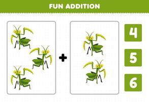 utbildning spel för barn roligt tillägg förbi räkna och välja de korrekt svar av söt tecknad serie grön bönsyrsa tryckbar insekt kalkylblad vektor