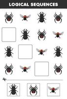 utbildning spel för barn logisk sekvenser för barn med söt tecknad serie skalbagge Spindel flyga tryckbar insekt kalkylblad vektor