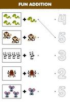 Lernspiel für Kinder, das Spaß beim Zählen hat und ein weiteres niedliches Cartoon-Dschungeltier hinzufügt, dann wählen Sie die richtige Zahl, indem Sie das Linienarbeitsblatt nachzeichnen vektor