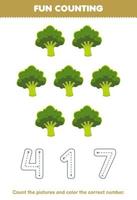 utbildning spel för barn räkna de bilder och Färg de korrekt siffra från söt tecknad serie broccoli tryckbar vegetabiliska kalkylblad vektor