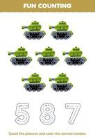 Lernspiel für Kinder, zählen Sie die Bilder und färben Sie die richtige Zahl aus dem Transportarbeitsblatt zum Ausdrucken für niedliche Cartoon-Panzer