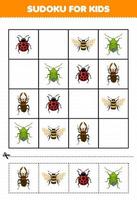 utbildning spel för barn sudoku för barn med söt tecknad serie skalbagge bi nyckelpiga tryckbar insekt kalkylblad vektor