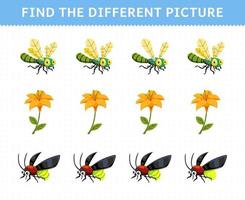 Lernspiel für Kinder Finden Sie das andere Bild in jeder Reihe des niedlichen Cartoon-Libellen-Blumen-Glühwürmchen-Arbeitsblatts zum Ausdrucken vektor