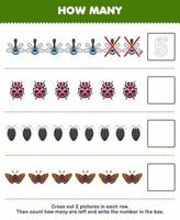 utbildning spel för barn räkna på vilket sätt många söt tecknad serie trollslända nyckelpiga lus fjäril och skriva de siffra i de låda tryckbar insekt kalkylblad vektor