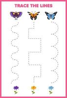 Erziehungsspiel für Kinder Handschriftübung Verfolgen Sie die Linien mit niedlichem Cartoon-Schmetterling und Blumenbild zum Ausdrucken vektor