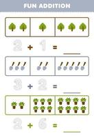utbildning spel för barn roligt tillägg förbi räkning och spårande de siffra av söt tecknad serie träd skyffel växt tryckbar bruka kalkylblad vektor