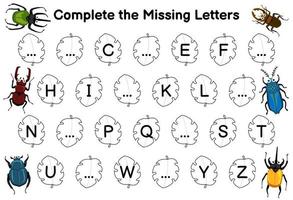 Lernspiel zum Vervollständigen der fehlenden Buchstaben mit dem druckbaren Fehler-Arbeitsblatt des niedlichen Cartoon-Käferbildes vektor