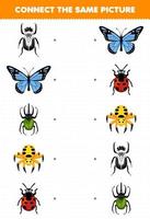 Bildungsspiel für Kinder Verbinden Sie das gleiche Bild des niedlichen Cartoon-Käfer-Schmetterlings-Käfer-Spinnen-Marienkäfer-Druckbaren-Fehler-Arbeitsblatts vektor