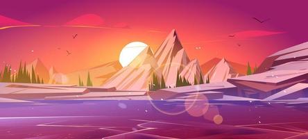 frysta sjö, bergen och snö på solnedgång vektor