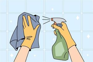 hushållerska i handskar och servett rena yta med spray rengöringsmedel klar hus. person torka plattor med kemisk flytande. hygien och hushåll begrepp. platt vektor illustration, tecknad serie karaktär.