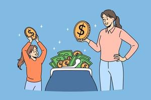 rikedom besparingar och budget begrepp. leende Lycklig mor och dotter stående tar gyllene mynt ut av handväska plånbok vektor illustration