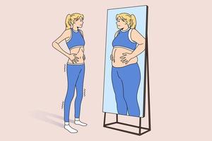 sjuk mager flicka se i spegel ser fett fet reflexion. upprörd tunn smal kvinna lida från äter oordning. kvinna kamp med anorexi eller bulimi. mental hälsa problem. vektor illustration.