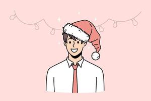 porträt des lächelnden geschäftsmannes im weihnachtsmann-hut feiern neujahr. glücklicher mann chef oder mitarbeiter haben weihnachtsfeier oder party. winterurlaub oder urlaubskonzept. Vektor-Illustration. vektor