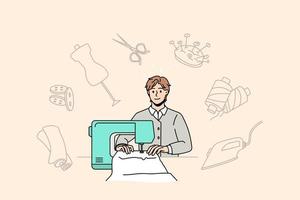 man sömmerska arbete på sömnad maskin design ny kläder linje i verkstad. leende manlig designer eller skräddare arbete i mode atelier eller studio. stil, klädsömnad begrepp. vektor illustration.