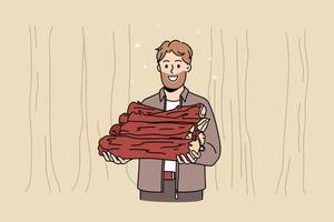 leende ung skäggig Lumberman håll trä timmer för brand. Lycklig skogsarbetare eller skogshuggare med trä material läger utomhus. hobby, natur, miljö. platt vektor illustration.