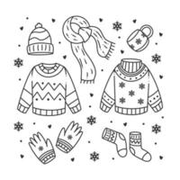 Winter-Symbole Kleidung handgezeichnete Doodle-Färbung vektor