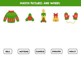 Matching-Spiel. verbinde weihnachtselemente mit wörtern. vektor