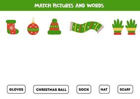 Matching-Spiel. verbinde weihnachtselemente mit wörtern. vektor
