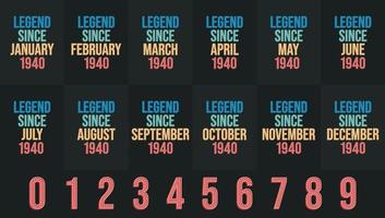 legend eftersom 1940 Allt månad inkluderar. född i 1940 födelsedag design bunt för januari till december vektor