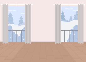 wohnzimmer mit zwei fenstern flache farbvektorillustration. Luxusimmobilien. Wohnungskauf. vollständig bearbeitbares 2d-einfaches Cartoon-Interieur mit Blick auf den Winterwald im Hintergrund vektor