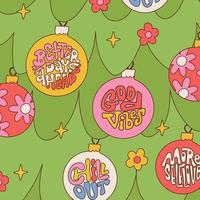 Weihnachts-Retro-30er-Quadratkarten mit Hippie-Grüßen auf dekorativen Kugeln. weihnachtsbaum mit blumen und beschriftungszitaten. 50er, 60er im alten Stil. Vintage Comic-Vektor-Illustration. fröhliche Emotionen. vektor