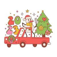 hippie stil lastbil med xmas gran träd. dekorativ retro begrepp med snögubbe karaktär i de tillbaka av en bil. 1960-talet, 70s hälsning kort jul och 2023 ny år. hippie vektor illustration
