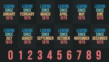 legend eftersom 1970 Allt månad inkluderar. född i 1970 födelsedag design bunt för januari till december vektor