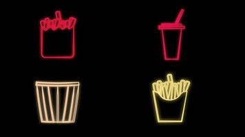 Set-Line-Essensbestellung, Papierglas und Taco mit Tortilla, Popcorn in Kartons und Burger und Pommes Frites in Kartonverpackung. leuchtendes Neon-Symbol an der Ziegelwand. Vektor
