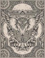 illustration elefanthuvud gravyr prydnad stil med mask vektor