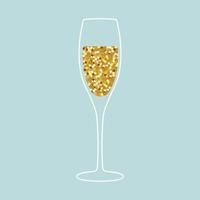 illustration von champagnerglas mit realistischem goldenem glitzerstaub isoliert auf blauem hintergrund. vervollkommnen Sie für Feiertagskarte oder elegante Partyeinladung. vektor