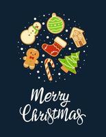 jul kort med pepparkaka småkakor och inskrift glad jul. vektor