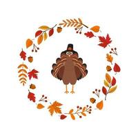hälsning kort med Kalkon och höst löv. Lycklig tacksägelse. vektor illustration.