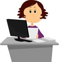 Frau, die am Computer arbeitet, Illustration, Vektor auf weißem Hintergrund