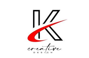 Umriss k-Buchstaben-Logo-Design mit kreativem roten Swoosh. Buchstabe k Anfangssymbol mit gebogenem Formvektor vektor