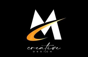 m-Buchstaben-Logo-Design mit kreativem goldenem Swoosh. Buchstabe m Anfangssymbol mit gebogenem Formvektor vektor