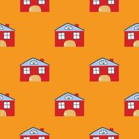 Vektormuster mit niedlichen nordischen bunten Häusern im Doodle-Stil, Hygge, gemütliches Haus auf gelbem Hintergrund. muster für stoffe, postkarten, geschenkverpackungen, pyjamas. vektor