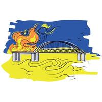die krimbrücke steht in feuervektor isolierte illustration. Brennende Krim-Kerches-Brücke in Brand vor dem Hintergrund der Handzeichnung der ukrainischen Flagge. design für ein plakat, einen druck, ein banner, ein emblem vektor