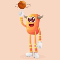 söt orange monster spelar basketboll, freestyle med boll vektor