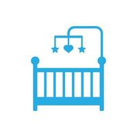 eps10 blauer Vektor Babybett oder Kinderbett mit hängendem Spielzeugsymbol isoliert auf weißem Hintergrund. Babybett-Symbol in einem einfachen, flachen, trendigen, modernen Stil für Ihr Website-Design, Logo und mobile App