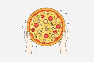 äter pizza och snabb mat begrepp. topp se av mänsklig händer innehav färsk bakad pizza med salami tomater svamp för middag vektor illustration